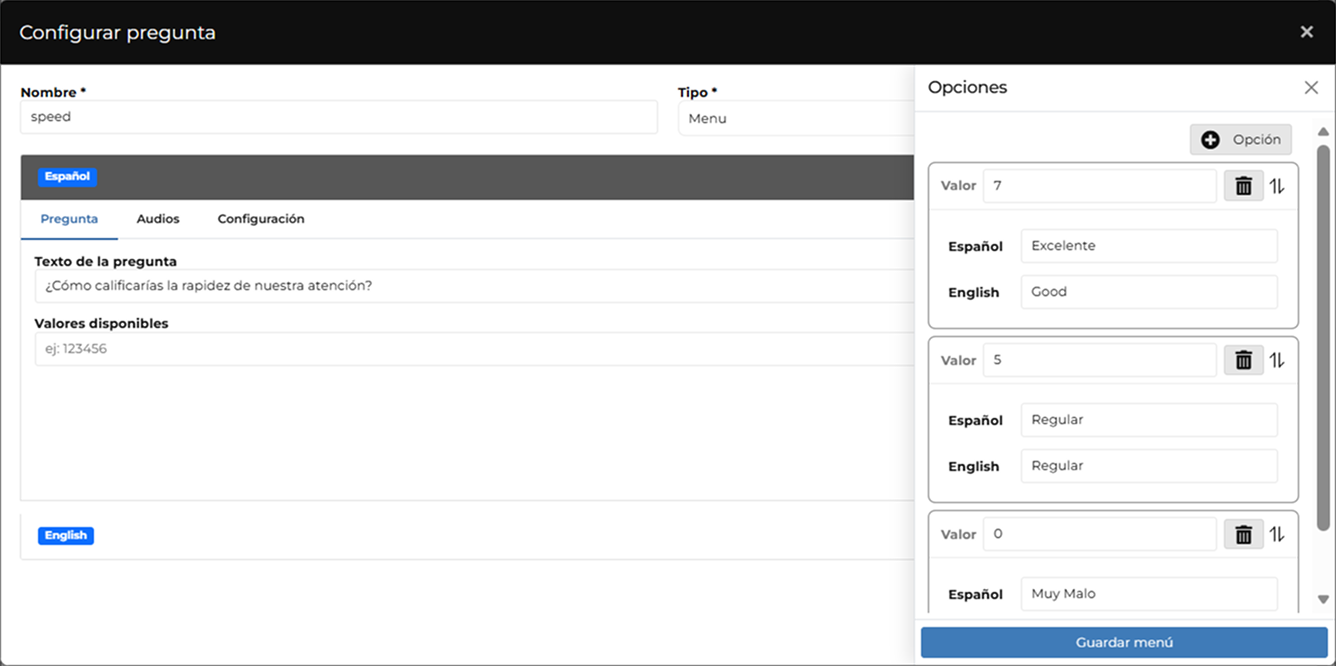 configuración de preguntas de tipo menu