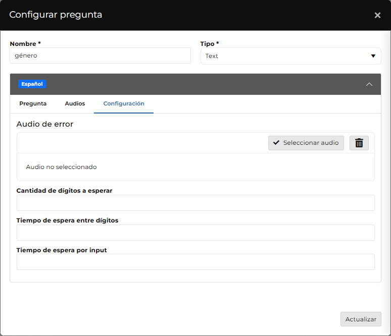 configuración de preguntas de tipo menu